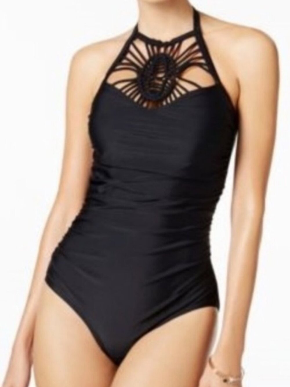 Island Escape SZ 12 Black Macramé High-Neck 1-Piece Swimsuit Beach Pool Resort